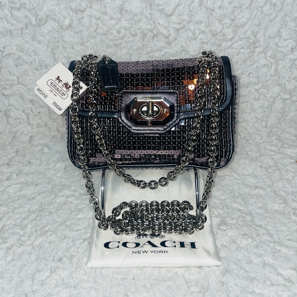New Coach OCC Sequin Special Edition Chain Shoulder Crossbody Mini Bag Silver